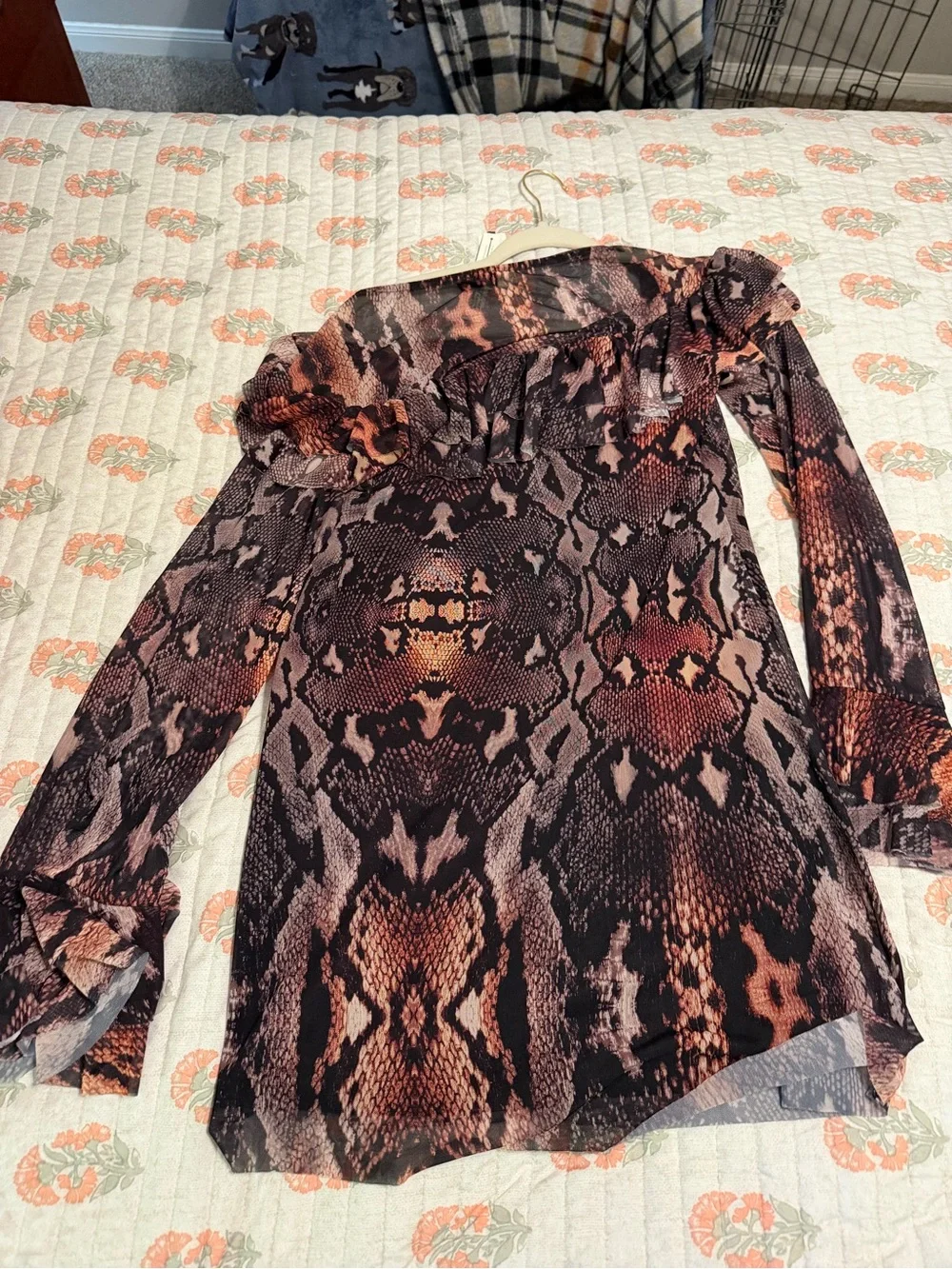 NWT AFRM Snake-Print Off-Shoulder Ruffle Dress - Picture 4 of 7